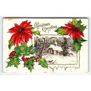 Vintage Christmas Greeting Postcard with Poinsettias and Snowy Church Scene